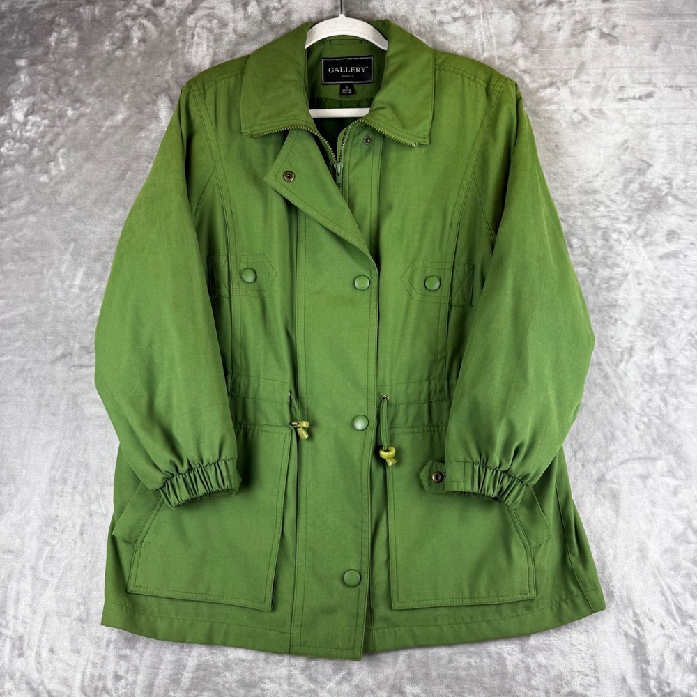Gallery Petite Utility Jacket Women Small Green Zip Front Snap Storm Flap (1492)